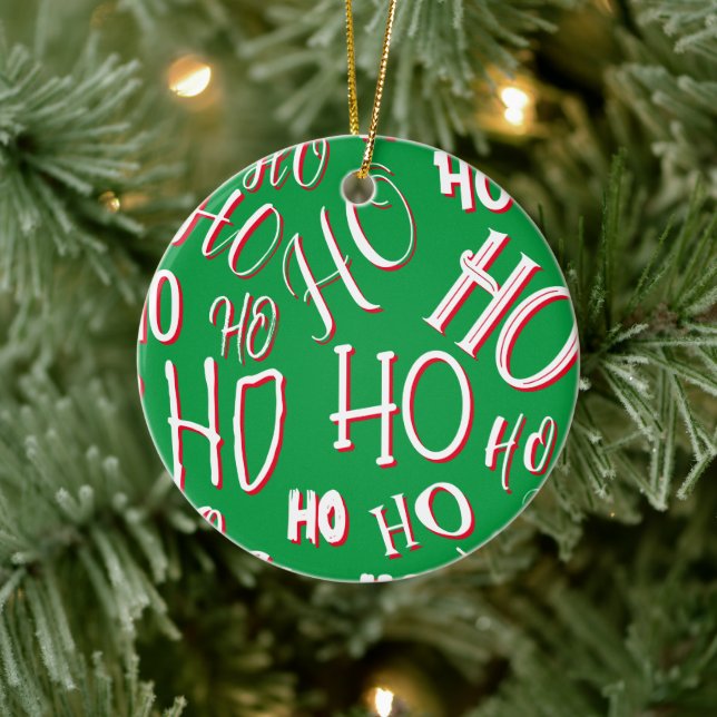 HO HO HO Christmas text pattern white green red Ceramic Ornament (Tree)