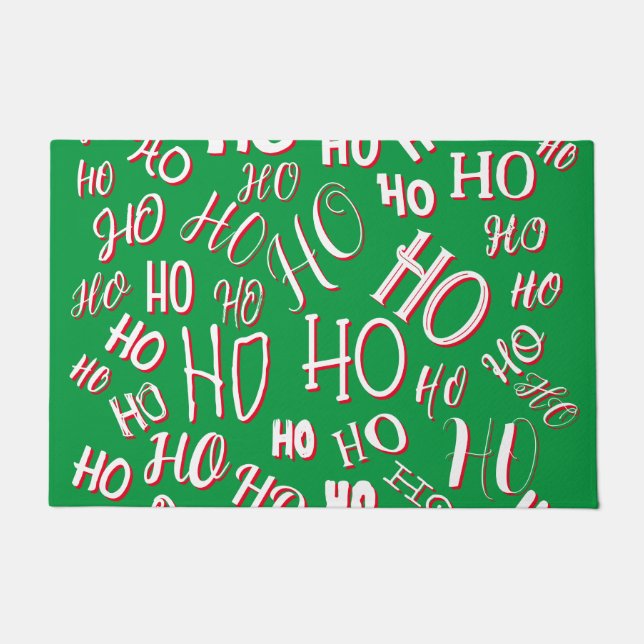 HO HO HO Christmas text pattern white green red Doormat (Front)
