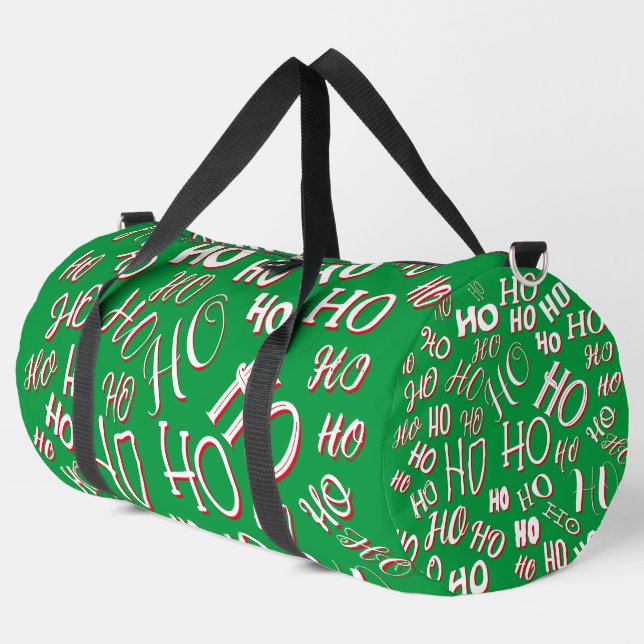 HO HO HO Christmas text pattern white green red Duffle Bag (Left Corner)