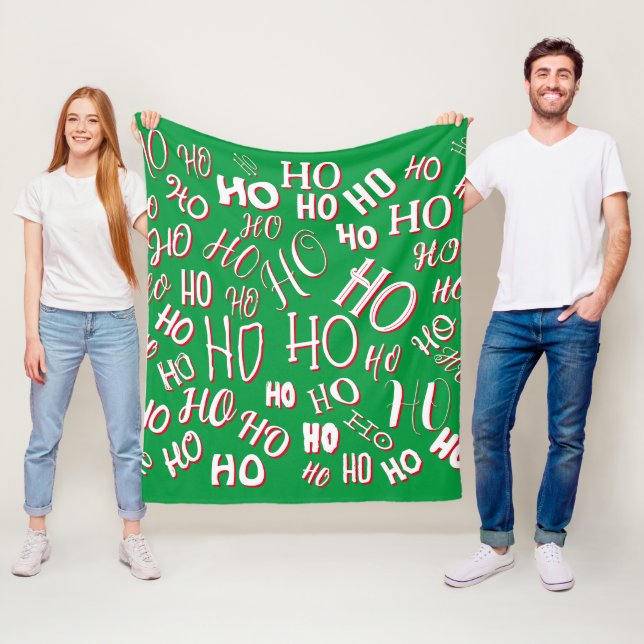 HO HO HO Christmas text pattern white green red Fleece Blanket (In Situ)