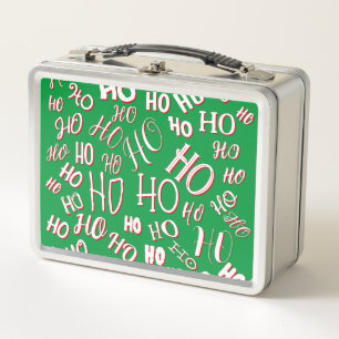HO HO HO Christmas text pattern white green red Metal Lunch Box