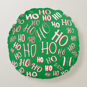 HO HO HO Christmas text pattern white green red Round Pillow