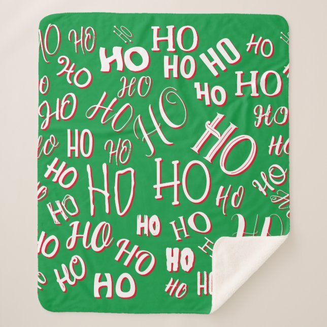 HO HO HO Christmas text pattern white green red Sherpa Blanket (Front)
