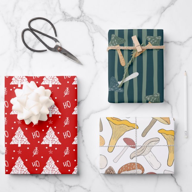 Ho ho ho Christmas trees and mushroom pattern Cute Wrapping Paper Sheet (Front)