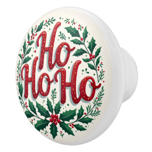 Ho Ho Ho Christmas Wreath Typography Design Ceramic Knob