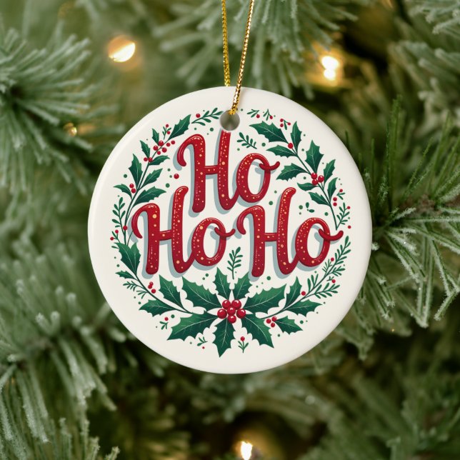 Ho Ho Ho Christmas Wreath Typography Design Ceramic Ornament (Tree)