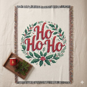 Ho Ho Ho Christmas Wreath Typography Design Throw Blanket