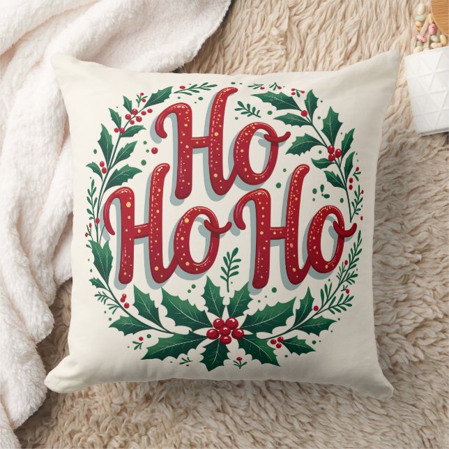 Ho Ho Ho Christmas Wreath Typography Design Throw Pillow (Blanket)