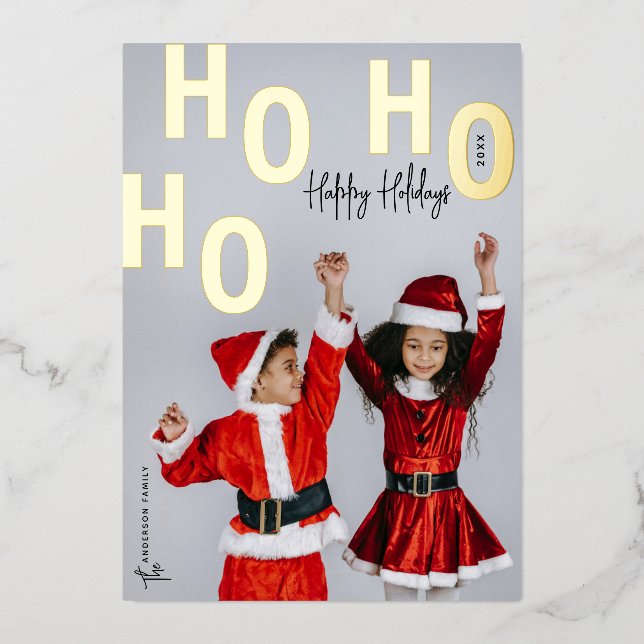 Ho Ho Ho Custom Photo Happy Holidays Christmas Foil Holiday Card (Front)