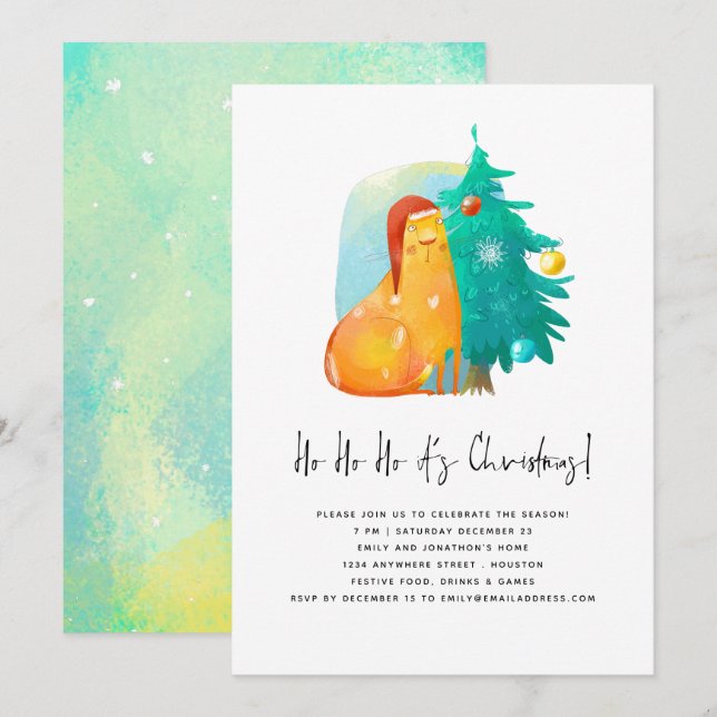 Ho Ho Ho Cute Cat Tree Christmas Party  Invitation (Front/Back)