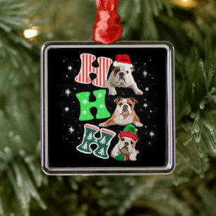 Ho Ho Ho English Bulldog Santa Reindeer Christmas  Metal Ornament