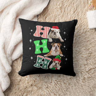 Ho Ho Ho English Bulldog Santa Reindeer Christmas Throw Pillow