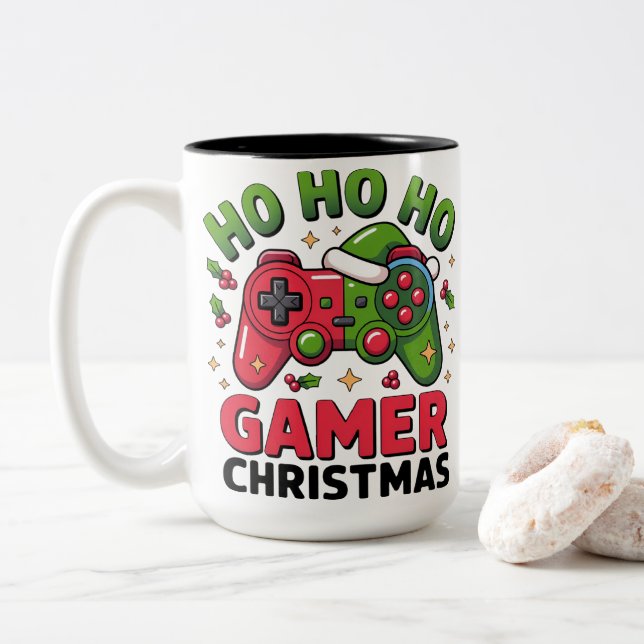 Ho Ho Ho Gamer Christmas Controller Illustration Two-Tone Coffee Mug (With Donut)