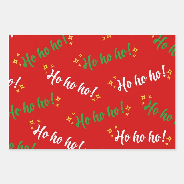 Ho Ho Ho Green Red White Yellow Wrapping Paper Sheet (Front)