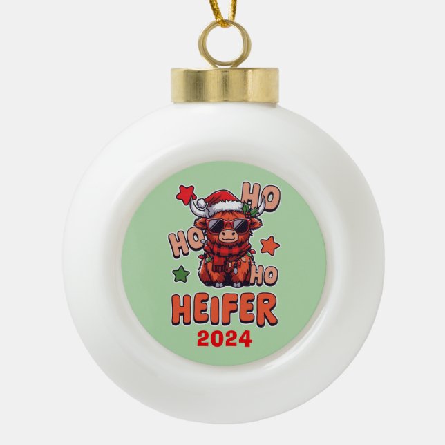 Ho Ho Ho Heifer Ceramic Ball Christmas Ornament (Front)