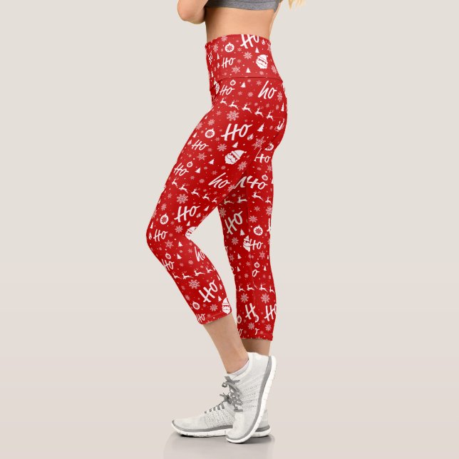 Ho Ho Ho Ho Red & White Christmas Pattern Capri Leggings (Left)