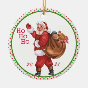 HO HO HO! Jolly Old Santa Claus With Bag of Toys  Ceramic Ornament
