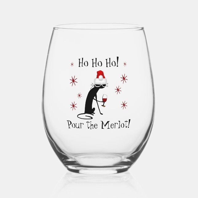 Ho Ho Ho Merlot Funny Christmas Wine Quote Stemless Wine Glass (Front)