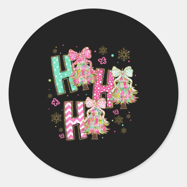 Ho Ho Ho Merry Christmas Coquette Bow Xmas Trees H Classic Round Sticker (Front)