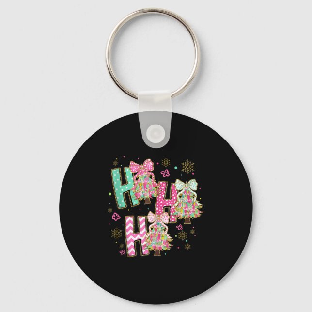 Ho Ho Ho Merry Christmas Coquette Bow Xmas Trees H Keychain (Front)