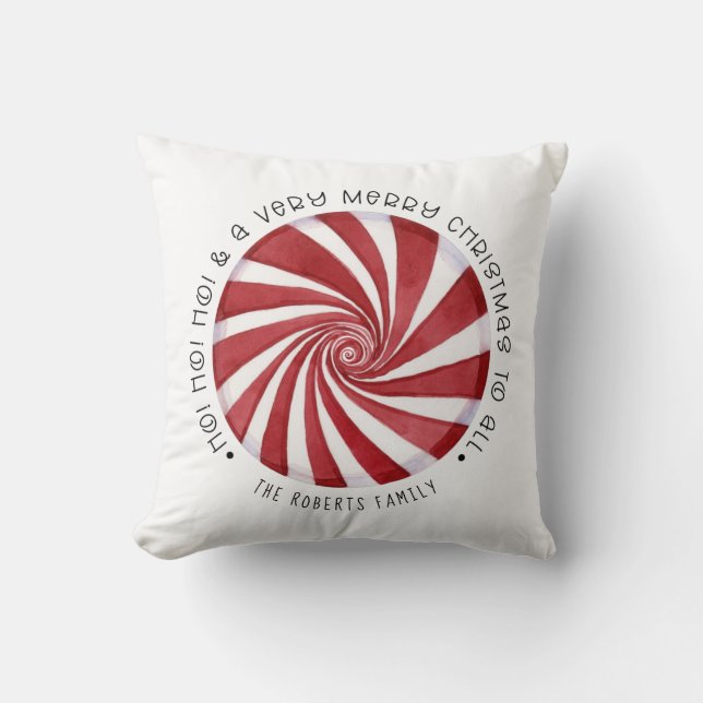 Ho Ho Ho Merry Christmas Peppermint Candy Family  Throw Pillow (Front)