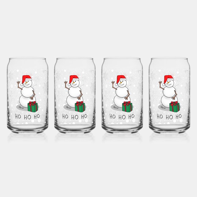 Ho Ho Ho Merry Christmas Santa Cute Snowman Can Glass (Front)