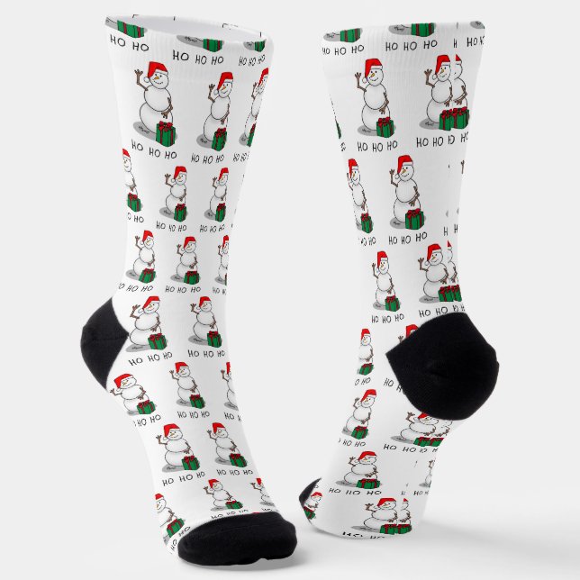 Ho Ho Ho Merry Christmas Santa Cute Snowman Socks (Angled)