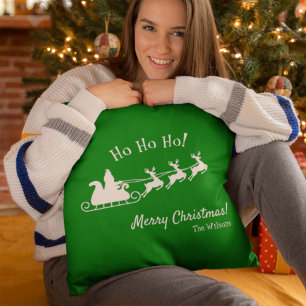 Ho Ho Ho Merry Christmas with Santa, Green Throw Pillow