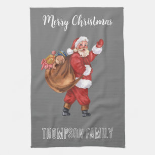 Ho ho ho Monogrammed Lovely family name Santa Red Kitchen Towel