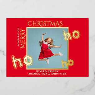 Ho Ho Ho Red Business Family Christmas Photo  Foil Holiday Card