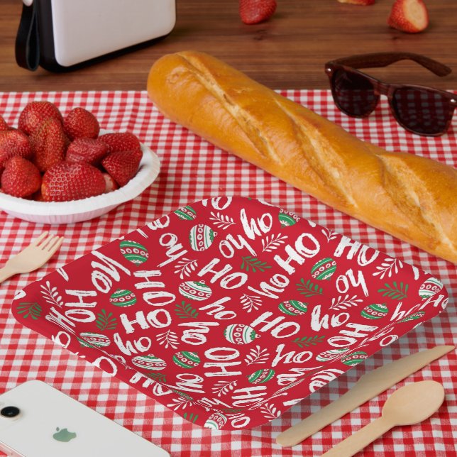 Ho Ho Ho Red & Green Christmas Balls Red  Paper Plate (Picnic)