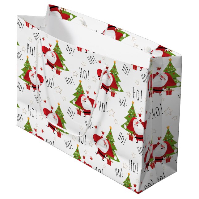 Ho Ho Ho Santa and Christmas Trees  Large Gift Bag (Front Angled)