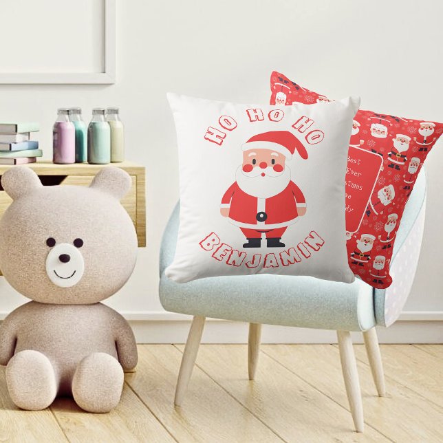 Ho Ho Ho Santa Boys Name Red Throw Pillow (Front And Back - Kids Playroom)