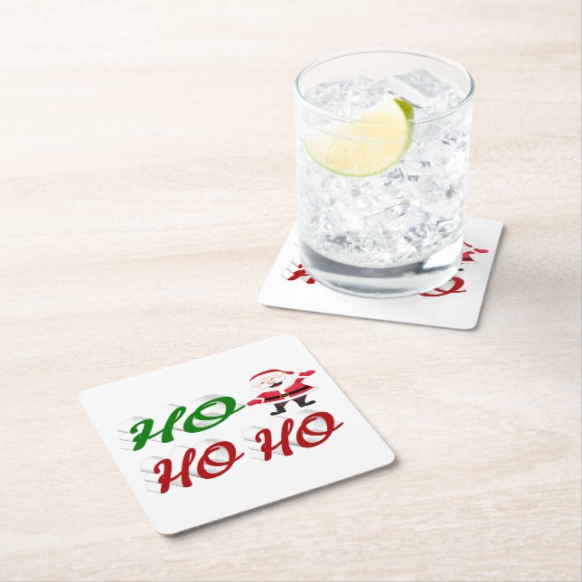 Ho Ho Ho Santa Claus Christmas red green script  Square Paper Coaster (Insitu)