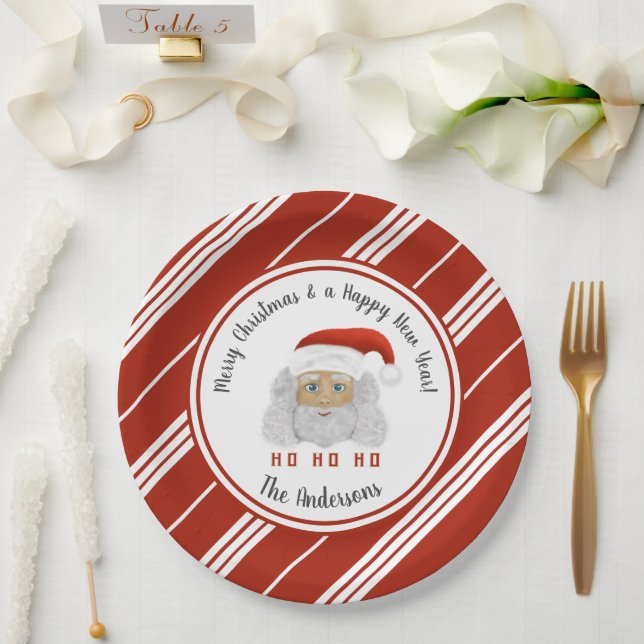 HO HO HO Santa Claus Red Lines Merry Christmas  Paper Plate (Wedding)