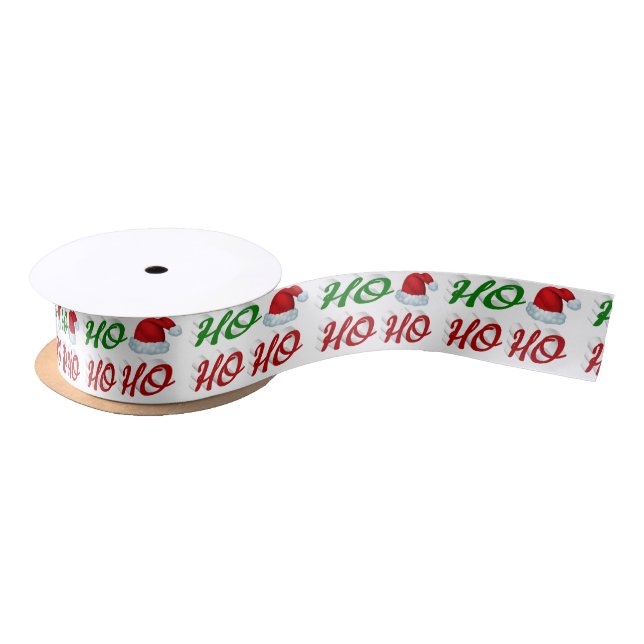 Ho Ho Ho Santa Hat Christmas red green script Satin Ribbon (Spool)