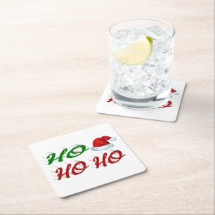 Ho Ho Ho Santa Hat Christmas red green script  Square Paper Coaster