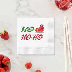 Ho Ho Ho Santa Sleigh Christmas red green script Napkin