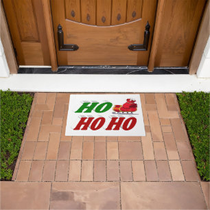 Ho Ho Ho Santa Sleigh red green typography Doormat