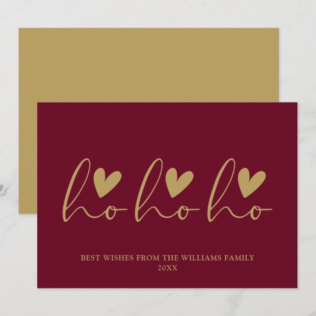 Ho Ho Ho Script Hearts Red And Gold Christmas Holiday Card (Front/Back)