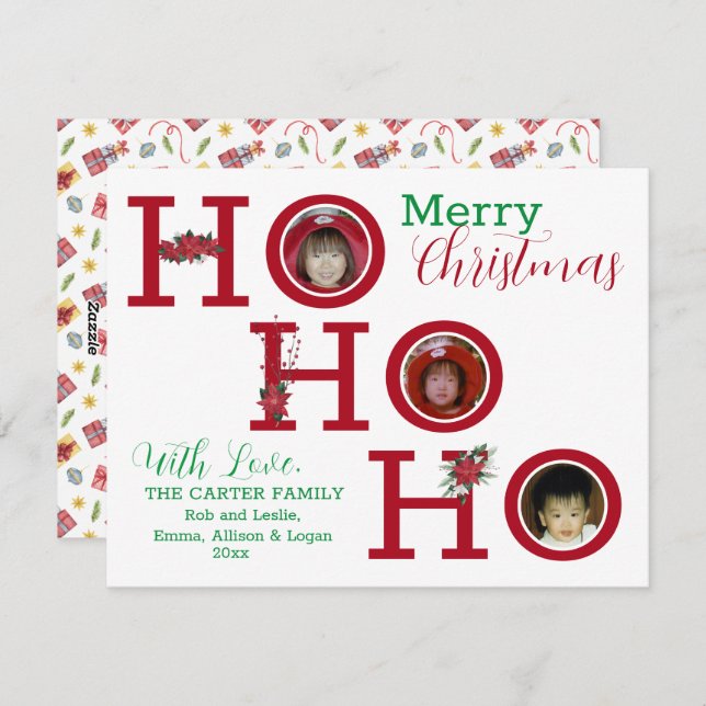 HO HO HO Three Photo Personalized  Holiday Card (Front/Back)
