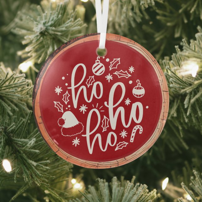Ho Ho Ho Typography Keepsake Tree Glass Ornament (Insitu)