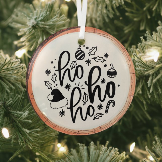 Ho Ho Ho Typography Keepsake Tree Glass Ornament (Insitu)