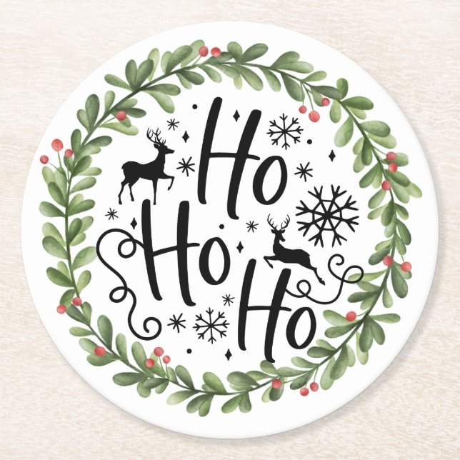 Ho Ho Ho Watercolor Wreath Round Paper Coaster (Front)