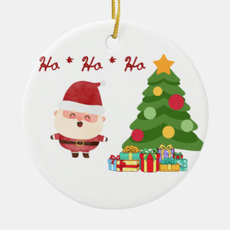Ho, Ho, Ho with Santa and Tree on a Ceramic Ornament