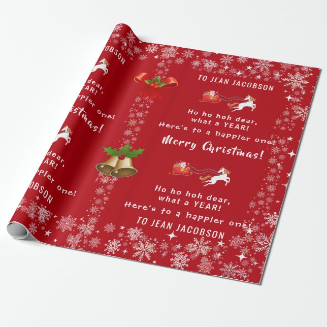 Ho Ho Hoh Dear Funny Santa Unicorn Personalized Wrapping Paper (Unrolled)