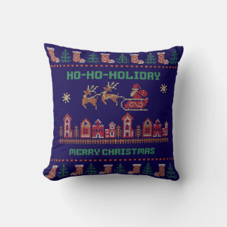 Ho-Ho-Holiday Navy Blue Santa Sleigh Christmas Throw Pillow