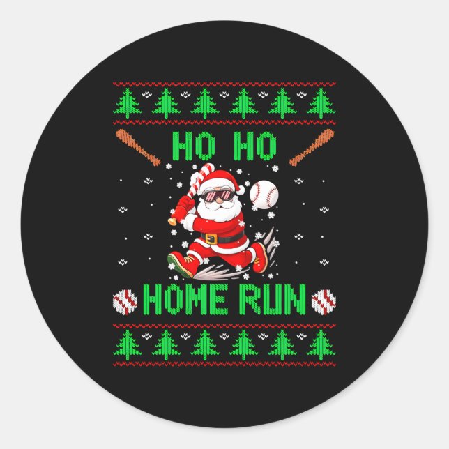 Ho Ho Home Run Baseball Christmas Santa Ugly Xmas  Classic Round Sticker (Front)