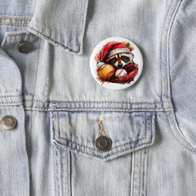 Ho-Ho-Home Run Raccoon Pin Button (In Situ)