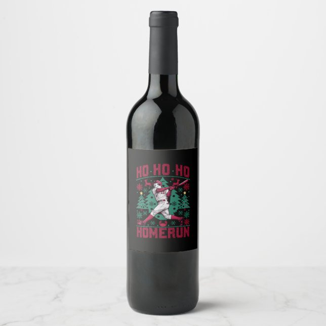 Ho Ho Homerun Baseball Ugly Christmas Sweater  Wine Label (Front)